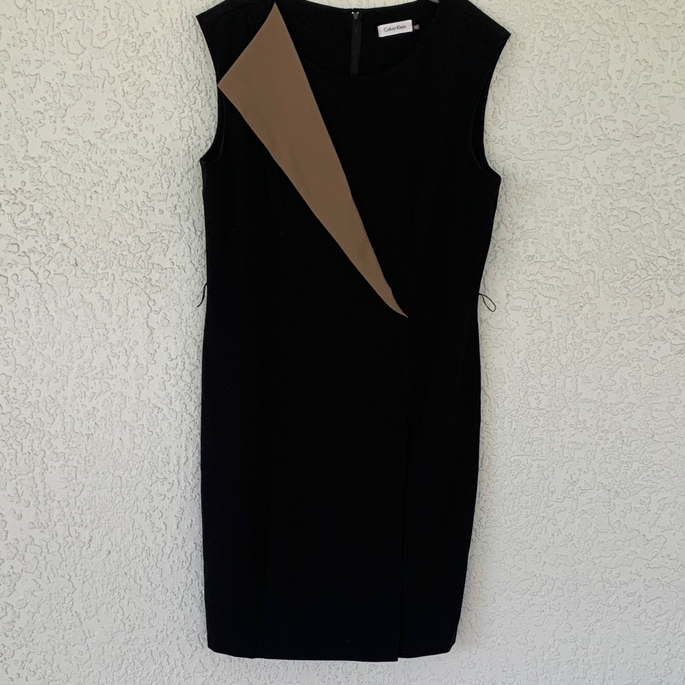Calvin Klein Black Dress with asymmetrical Tan Accent size 14